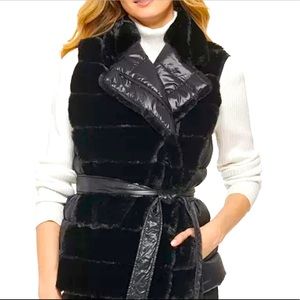 DKNY Faux Fur Belted Wrap Vest, size Large